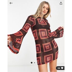 ASOS DESIGN Crochet Mini Dress with Flare Sleeve in Black Pink Orange, Size US 6